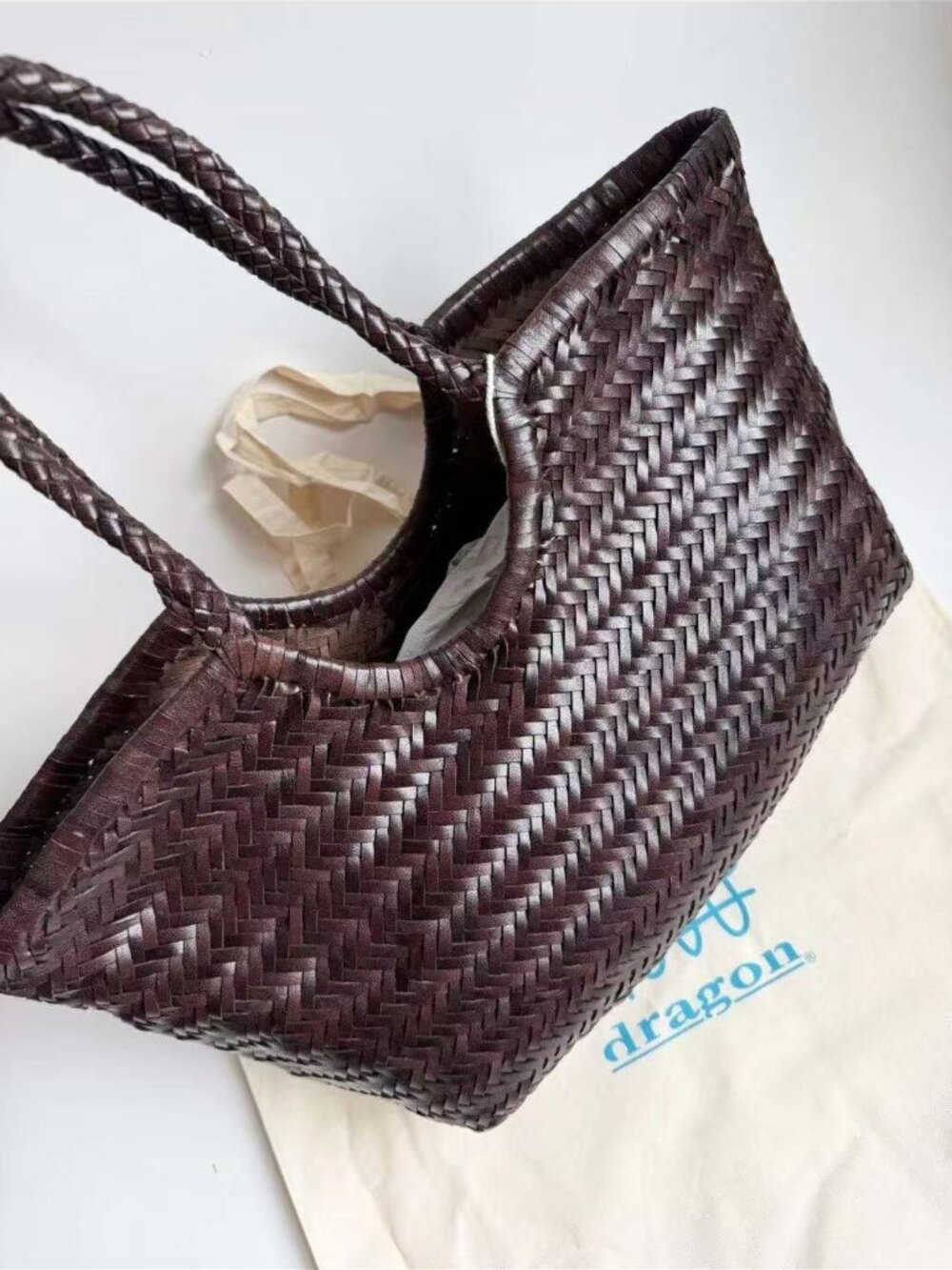 Dragon Diffusion Large Woven Leather Tote Bag Brown Handmade Slouchy